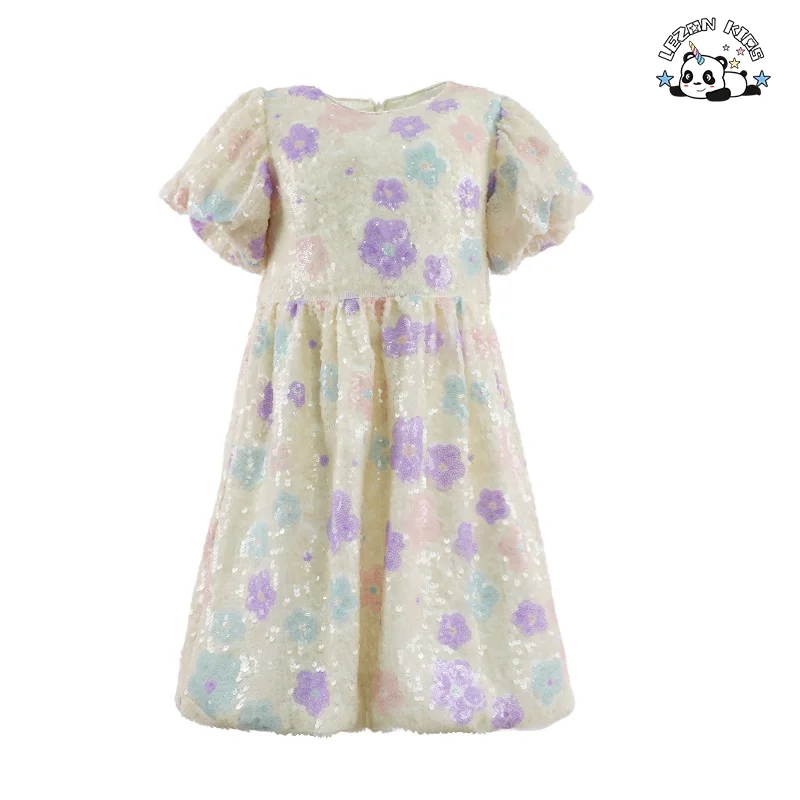 LEZONKIDS - OEM Customization Elegant Puffy Shining Sequins Tulle Girls Birthday Party Dresses for 2-14T Kids